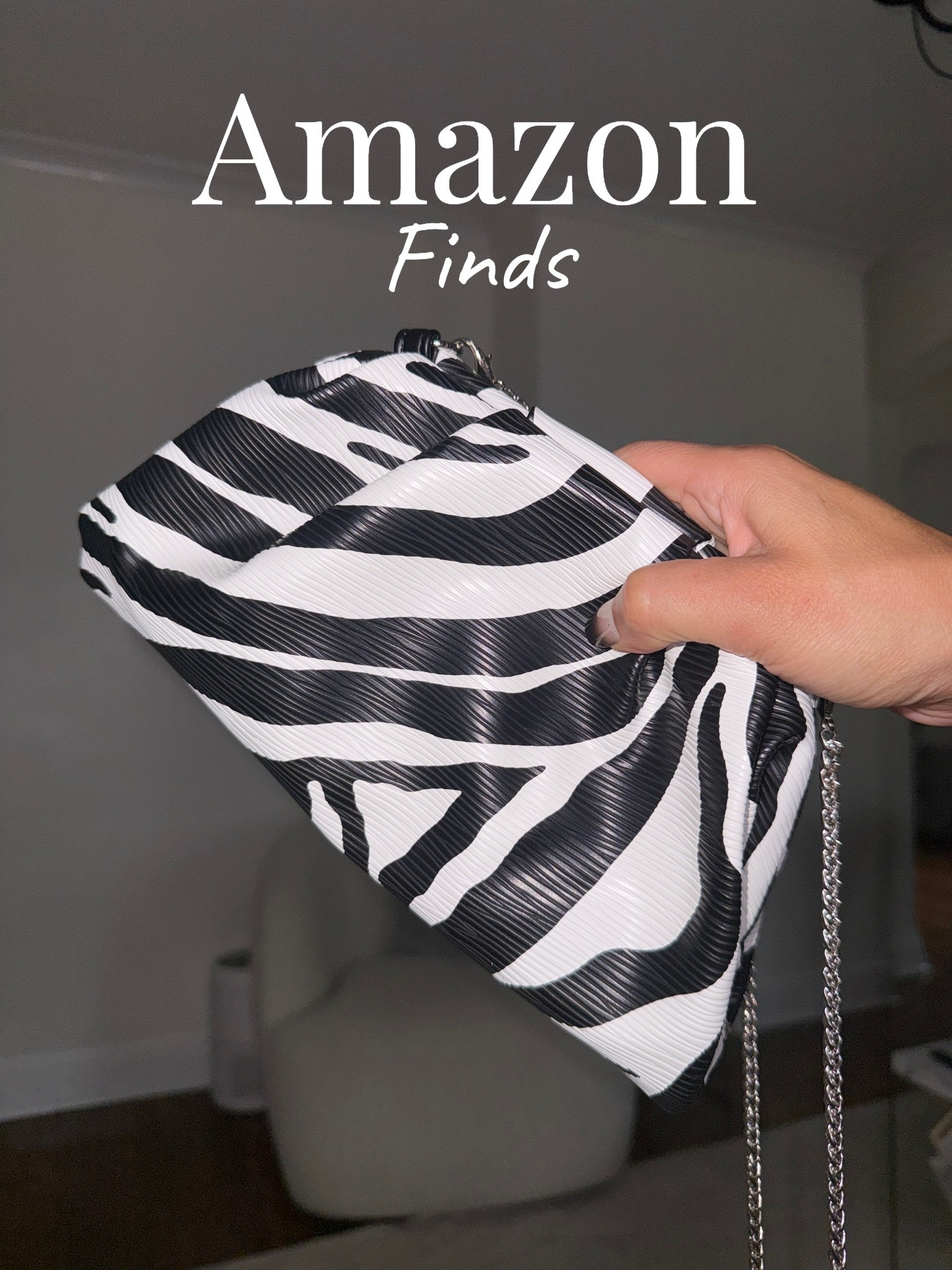 Zebra print clutch with removable silver strap from Amazon. Fits a small wallet, phone, keys, lip stick and a little more!