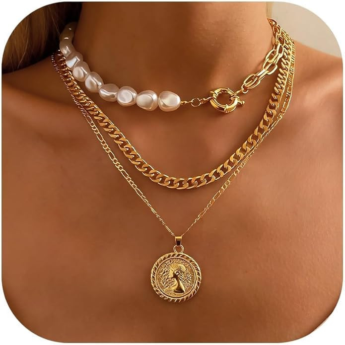 Gold Necklace Stack Chunky Necklaces for Women Trendy Coin Pendant Long Necklaces Western Jewelry... | Amazon (US)