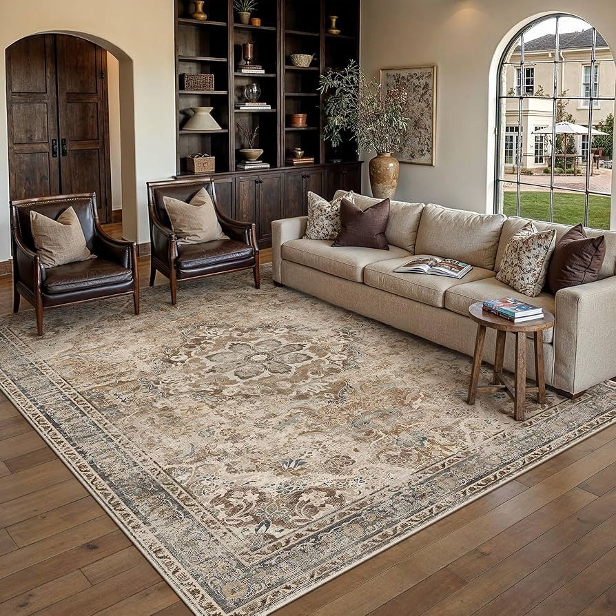 PureCozy Brown Vintage 5x7 Area Rug for Living Room Machine Washable Large Rug Non-Slip Soft Low ... | Amazon (US)