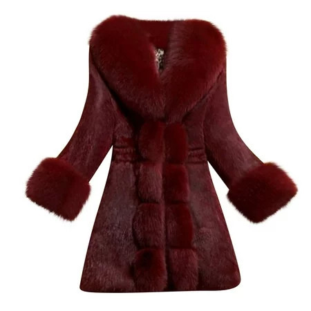 IROINNID Faux Fur Coat for Women Winter Warm Fluffy Long Coat Elegant Loose Fit Thicken Evening Party Coat Burgundy | Walmart (US)