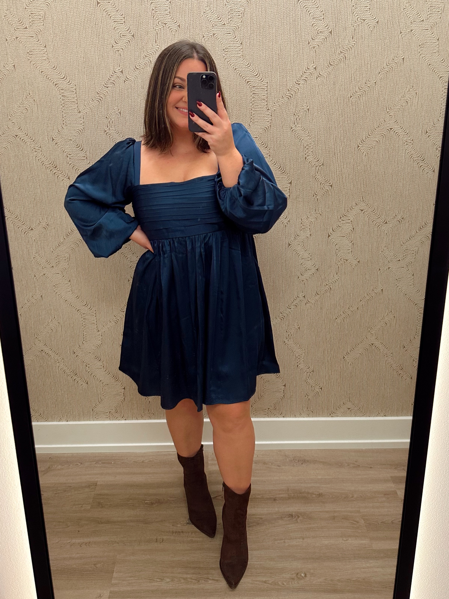 knee length dresses for ladies Lucy Black Satin Long Sleeve Mini Dress