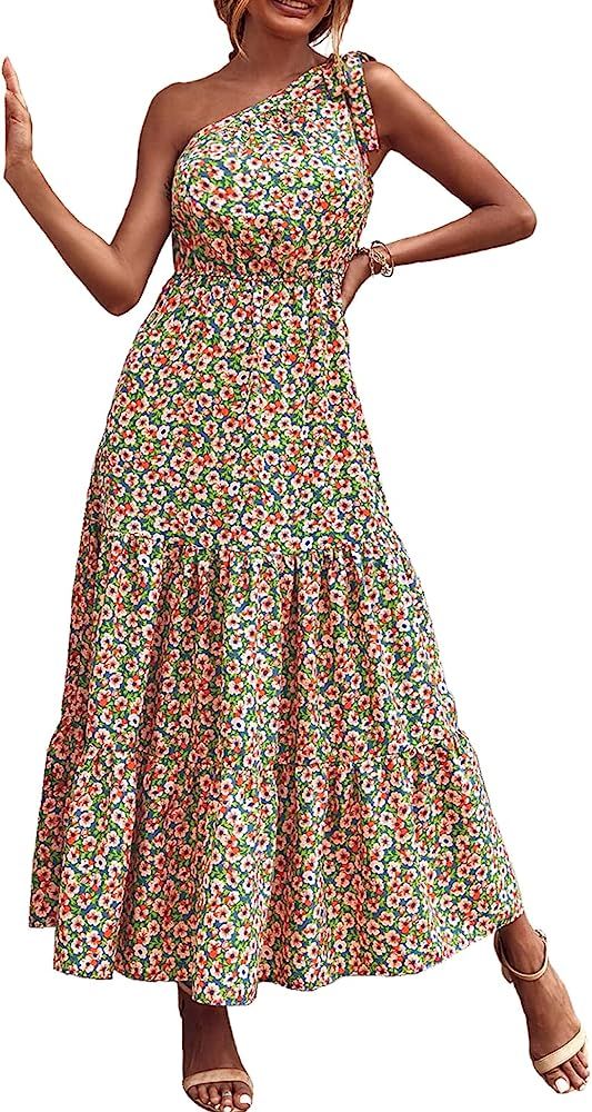 PRETTYGARDEN Women's Summer Floral Dress One Shoulder Sleeveless Knot Ruffled Hem Flowy Bohemian ... | Amazon (US)