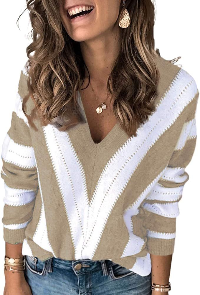 Elapsy Womens V Neck Long Sleeve Ripped Distressed Pullover Knitted Sweater S-2XL | Amazon (US)