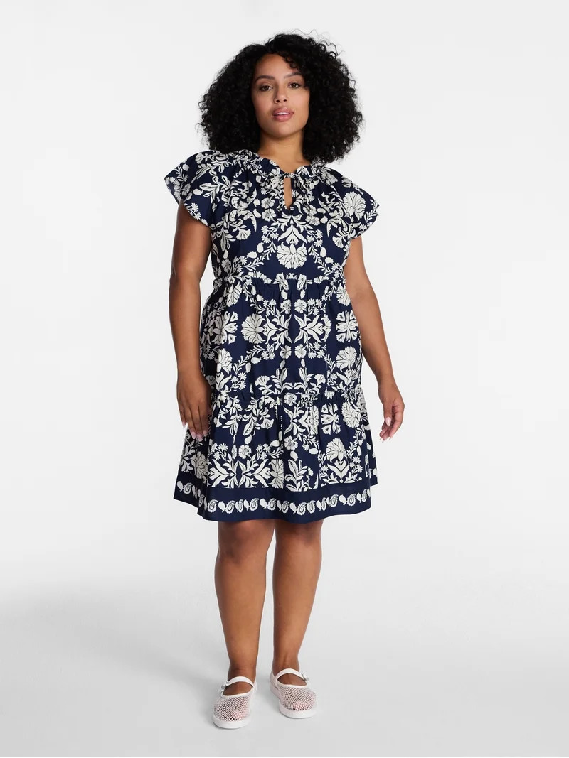 Time and Tru Women's Tiered Cotton Mini Dress with Flutter Sleeves, Sizes XS-4X | Walmart (US)