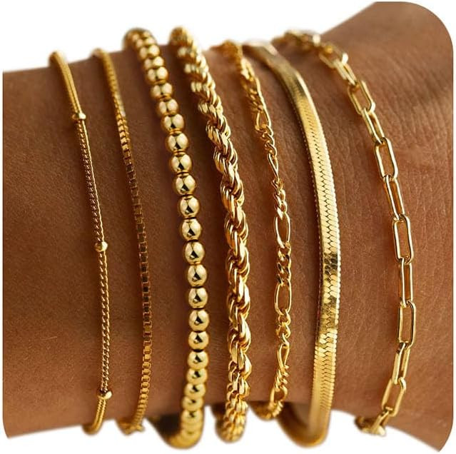 M MOOHAM Gold Bracelets for Women - 14K Real Gold Plated Beaded Bracelets Set Rope Paperclip Chai... | Amazon (US)