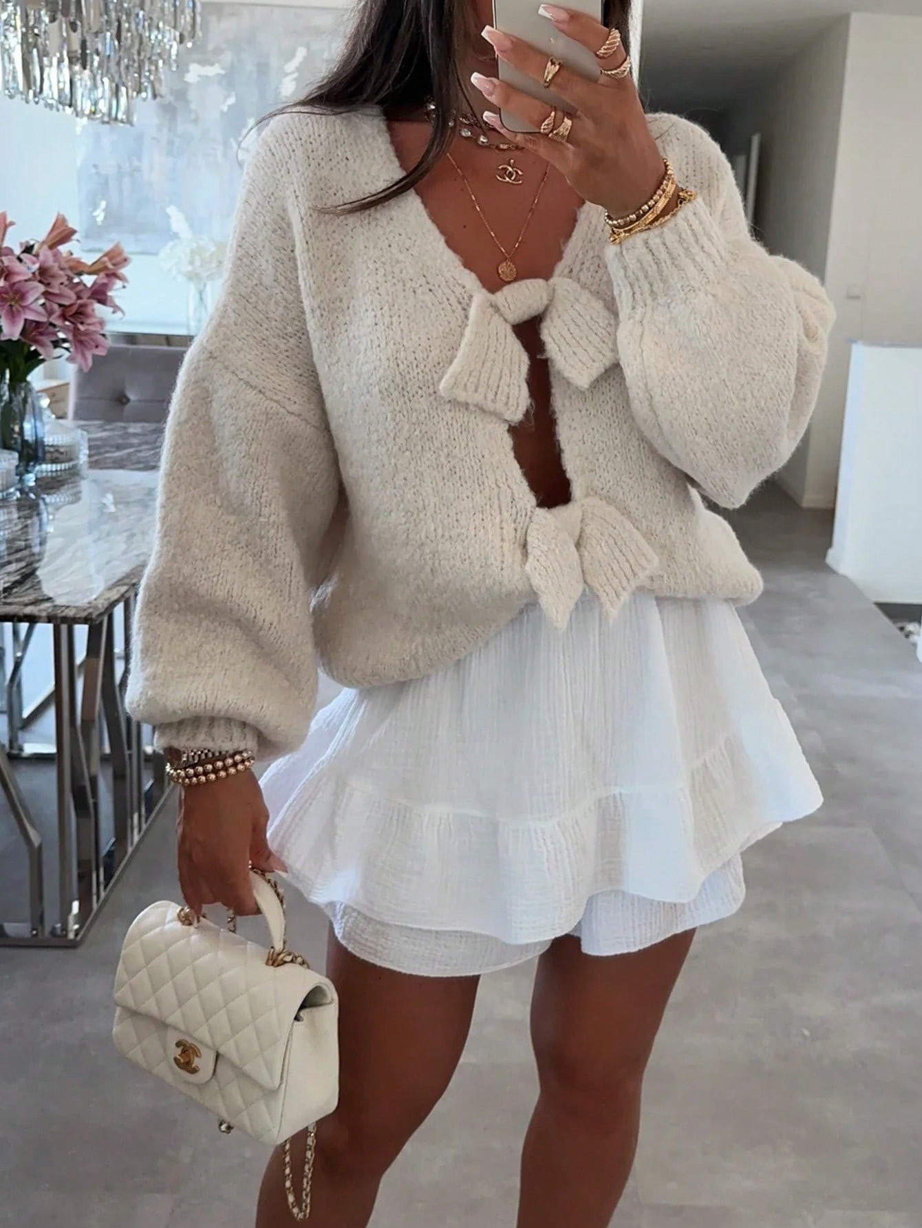 SHEIN Frenchy Women's Solid Color V-Neck Bow Decor Casual Falling Shoulder Long Sleeve Warm Brush... | SHEIN