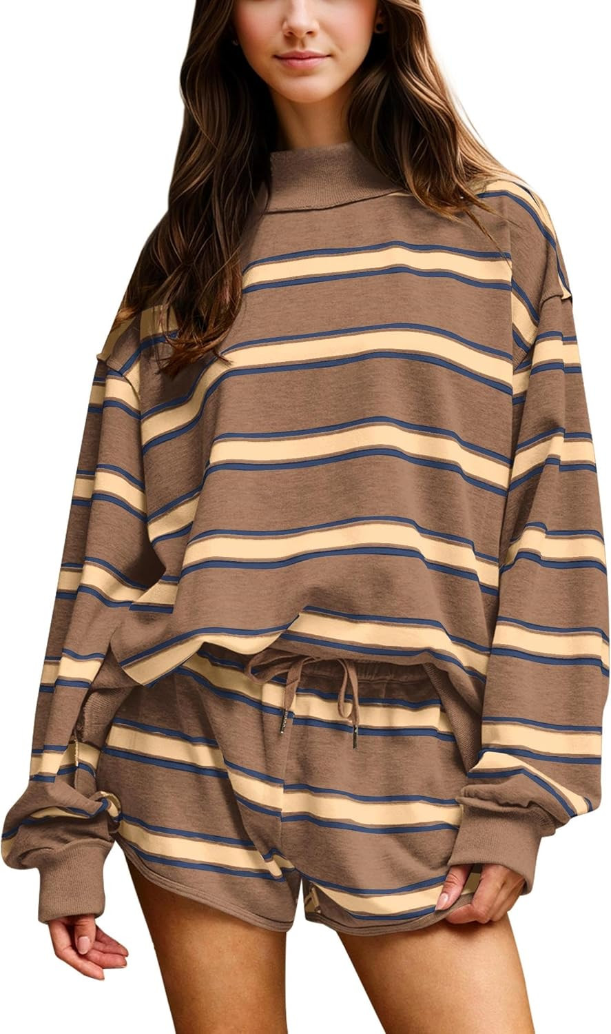 Women Striped Mock Neck Sweatshirt 2 Piece Outfits Oversized Pullover Elastic Waist Shorts Set Fall Lounge Set | Amazon (US)