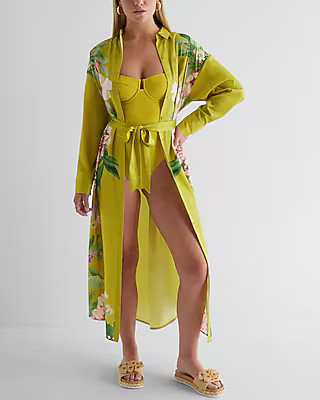 Satin Floral Boyfriend Portofino Maxi Shirt Dress | Express