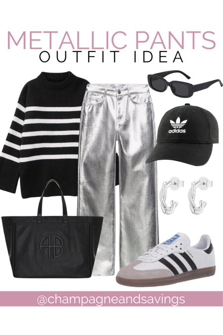 Just ordered my first pair of metallic pants and need to come up with some casual and cute outfit ideas! Love silver pants for holiday outfits but also for everyday outfit ideas too! This works as a chic winter outfit idea with a cozy striped sweater, black tote bag, adidas sambas, and other fun accessories.

#LTKstyletip #LTKSeasonal #LTKfindsunder100