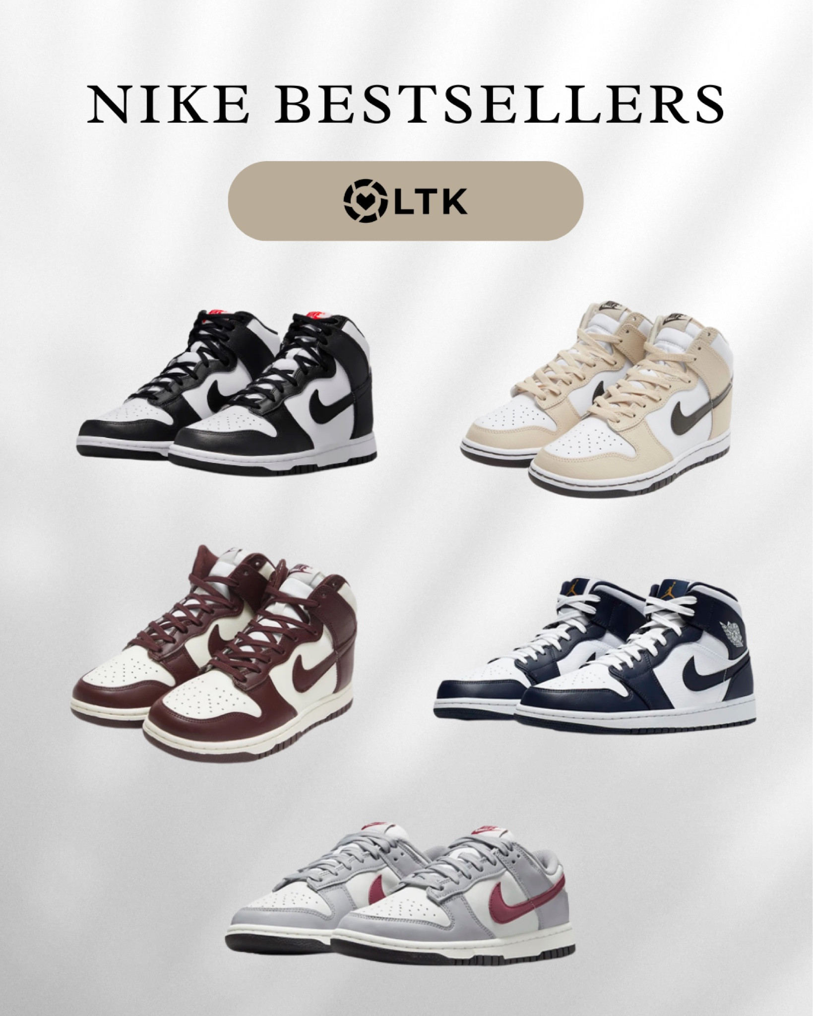 Nike bestsellers sneakers trends
Nike dunk high panda black and white
Nike dunk high beige
Nike dunk high brown 
Nike Air Jordan 1 mid white obsidian metallic gold
Nike dunk low white wolf grey rosewood

#LTKstyletip #LTKshoecrush #LTKeurope