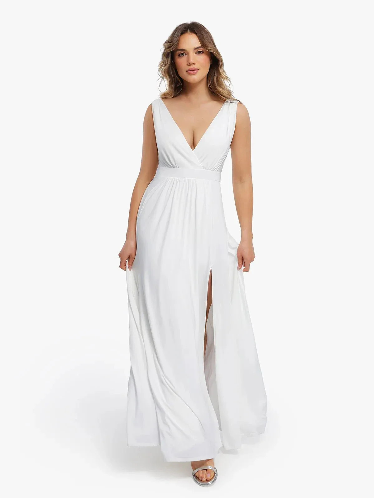 Shapewear Deep V-Neck Front Slit Goddess Maxi Dress White / L | Popilush