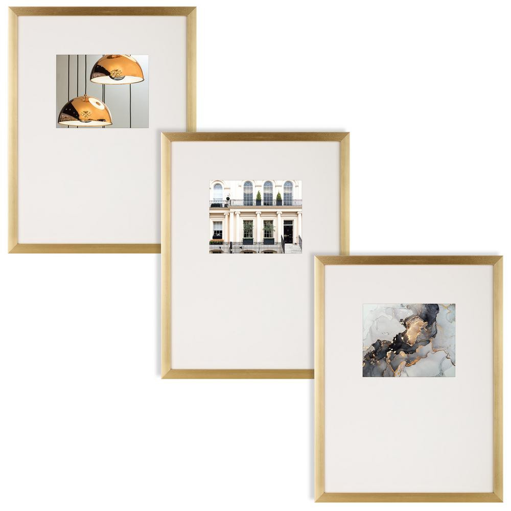 Instapoints Gallery Wall Set with Offset Mat and Hanging Template Gold Picture Frame (Set of 3) | The Home Depot