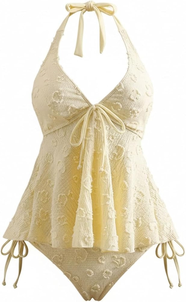 Verdusa Women's 2 Piece Halter Tankini Set Textured Babydoll Tops with Panty Swimsuits | Amazon (US)