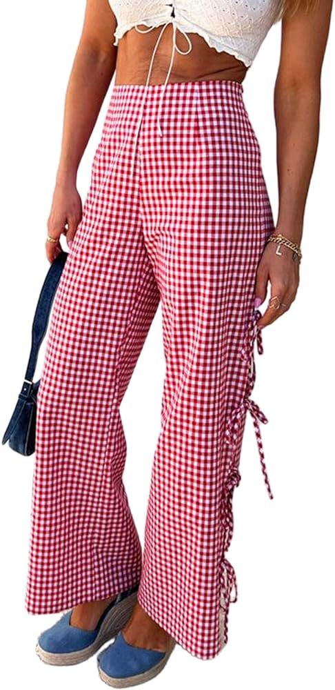 Gingham Pants Women Bow Tie Side Split Wide Leg Y2k Plaid Pants High Waist Striped Lounge Pant Go... | Amazon (US)