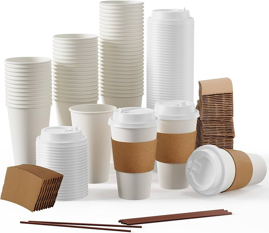 JOLLY PARTY [100 Pack] 16 oz Paper Coffee Cups, Disposable Paper Coffee Cup with Lids, Sleeves, a... | Amazon (US)