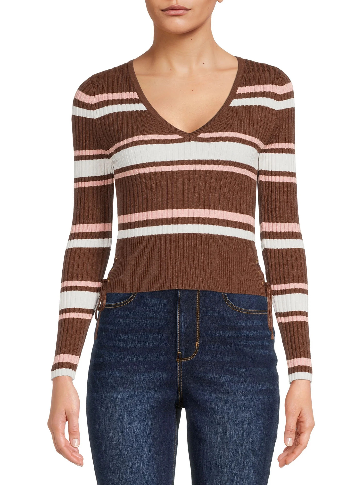 No Boundaries Junior's Stripe V-Neck Sweater - Walmart.com | Walmart (US)