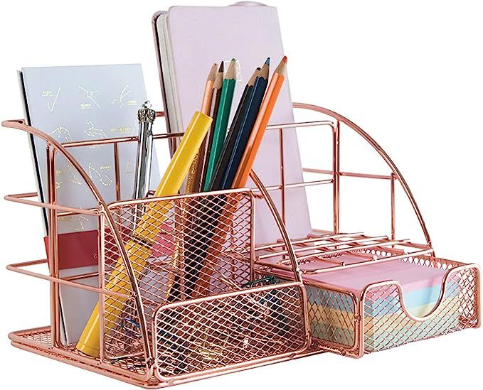 Yarlung Rose Gold Desk Organizer with Sliding Drawer, Metal Mesh Pencil Holder Multifunctional Of... | Amazon (US)