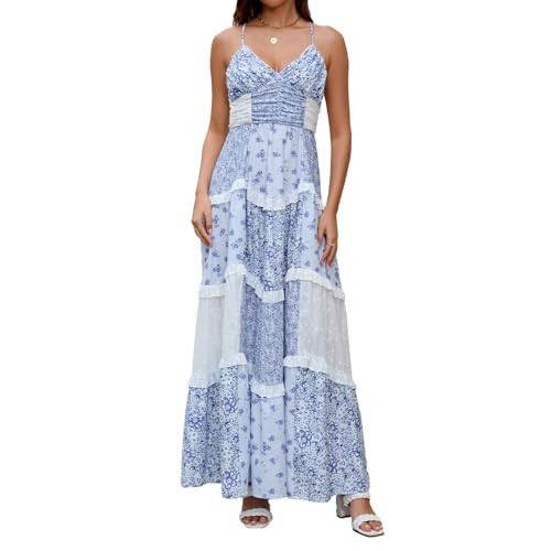 ABYOVRT Women Floral Maxi Dress Spaghetti Straps V Neck Patchwork Flowy Boho Sundress Tiered Long... | Amazon (US)