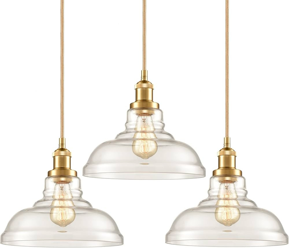 CLAXY Industrial Brass/Gold Pendant Lights Glass Dome Kitchen Hanging Light Fixture-3 Pack | Amazon (US)