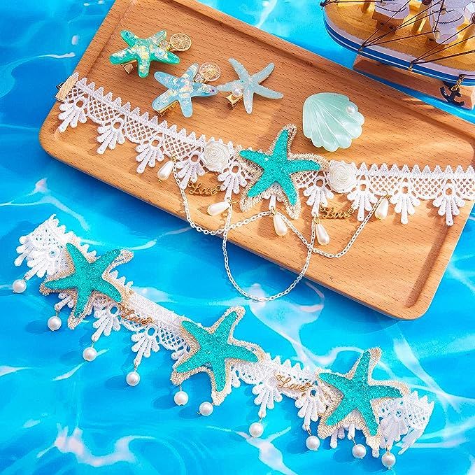 6 Pieces Mermaid Hair Accessories Starfish Hairband Starfish Shell Necklace Mermaid Headband Seas... | Amazon (US)