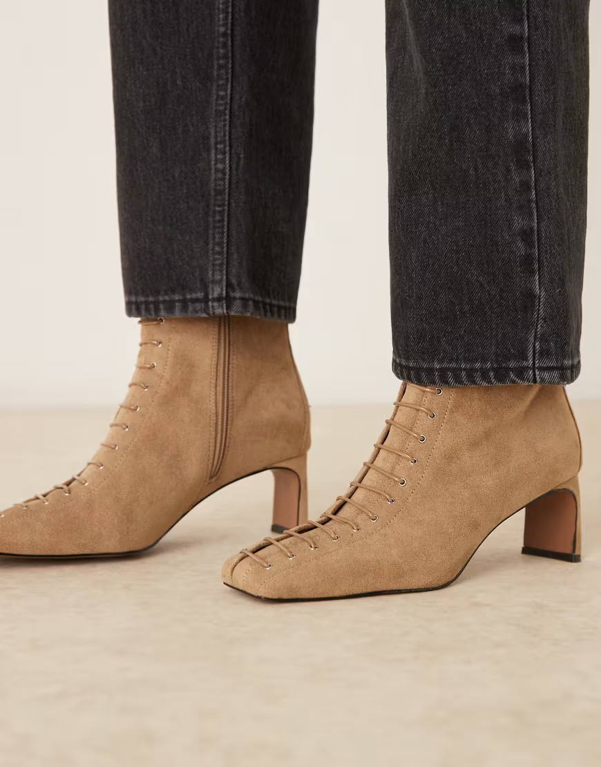 ASOS DESIGN Rue lace up heeled ankle boots in tan suedette-Brown | ASOS (Global)