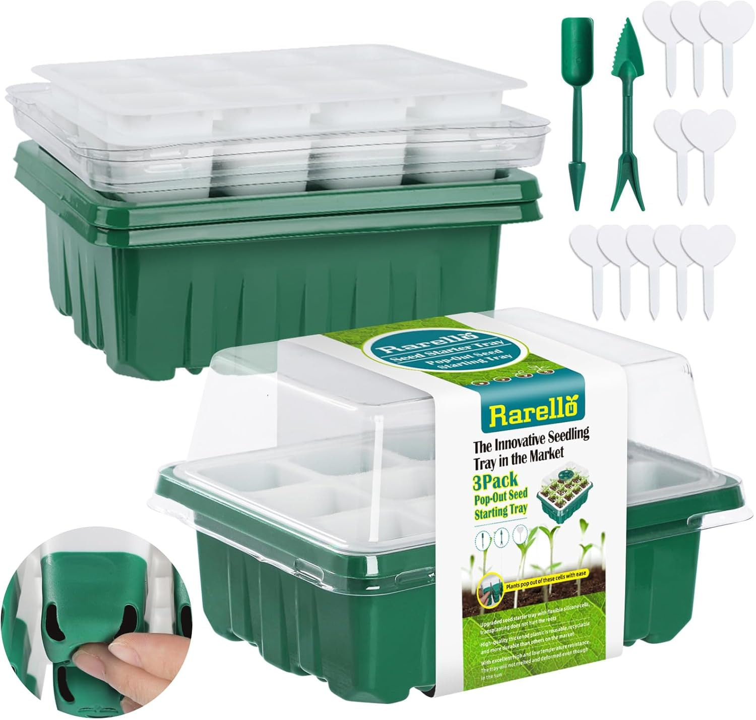 Rarello 3 Packs Seed Starter Tray Seed Starter Kit,36 Cells Reusable Seedling Starter Trays With ... | Amazon (US)