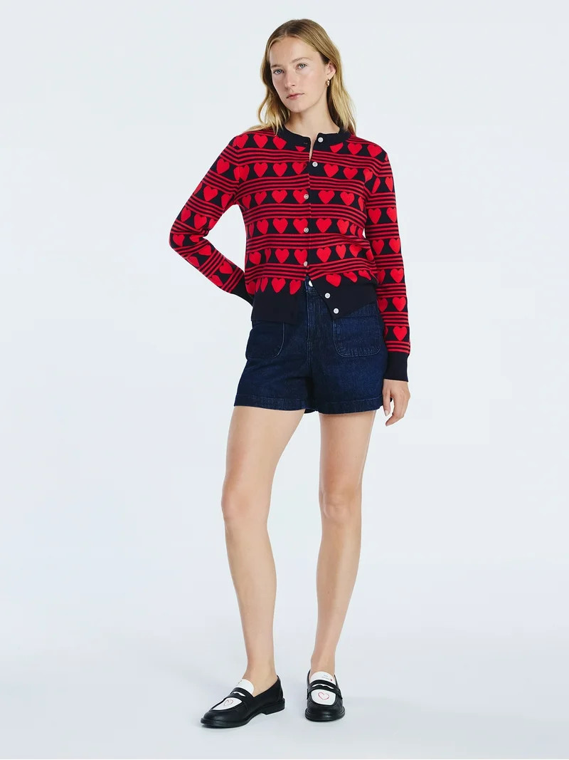 Free Assembly Classic Heart Print Cardigan Sweater, Lightweight, Sizes XS-XXL | Walmart (US)