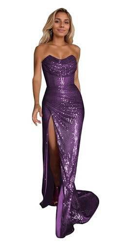 SELFGENIC Purple Prom Dresses Sparkly Sequins with Slit Pleated Strapless Mermaid Long Evening Party Dress for Women 0 | Amazon (US)