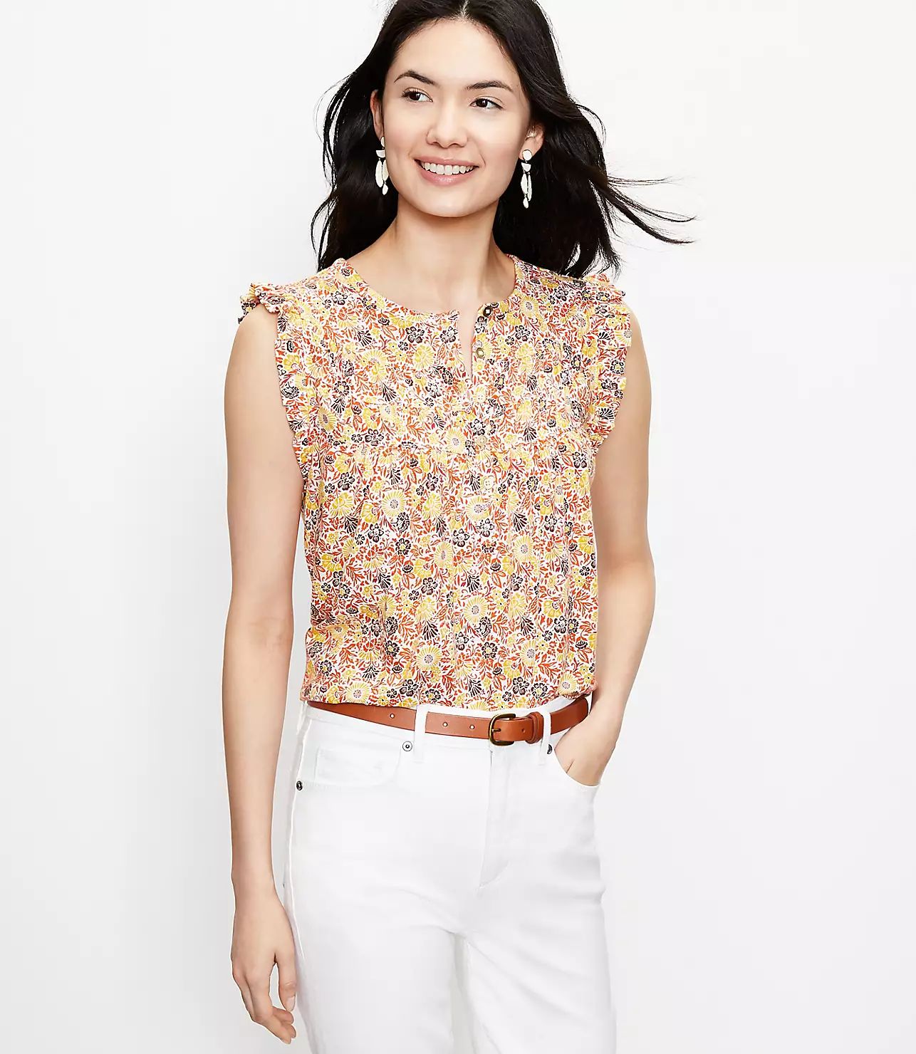 Island Floral Ruffle Henley Top | LOFT