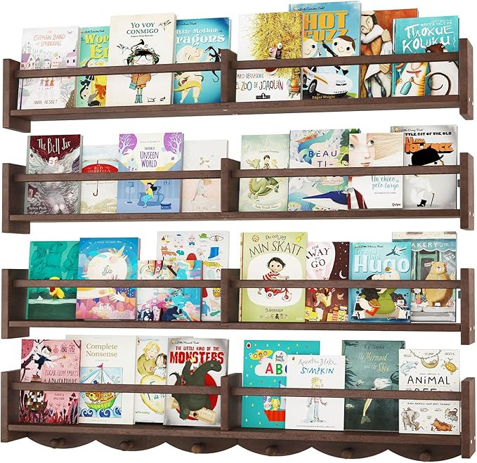 34Inch Nursery Bookshelves,Set of 4,Wall Floating Shelf Kids Coat Rack with 6Hooks,Hanging Book S... | Amazon (US)