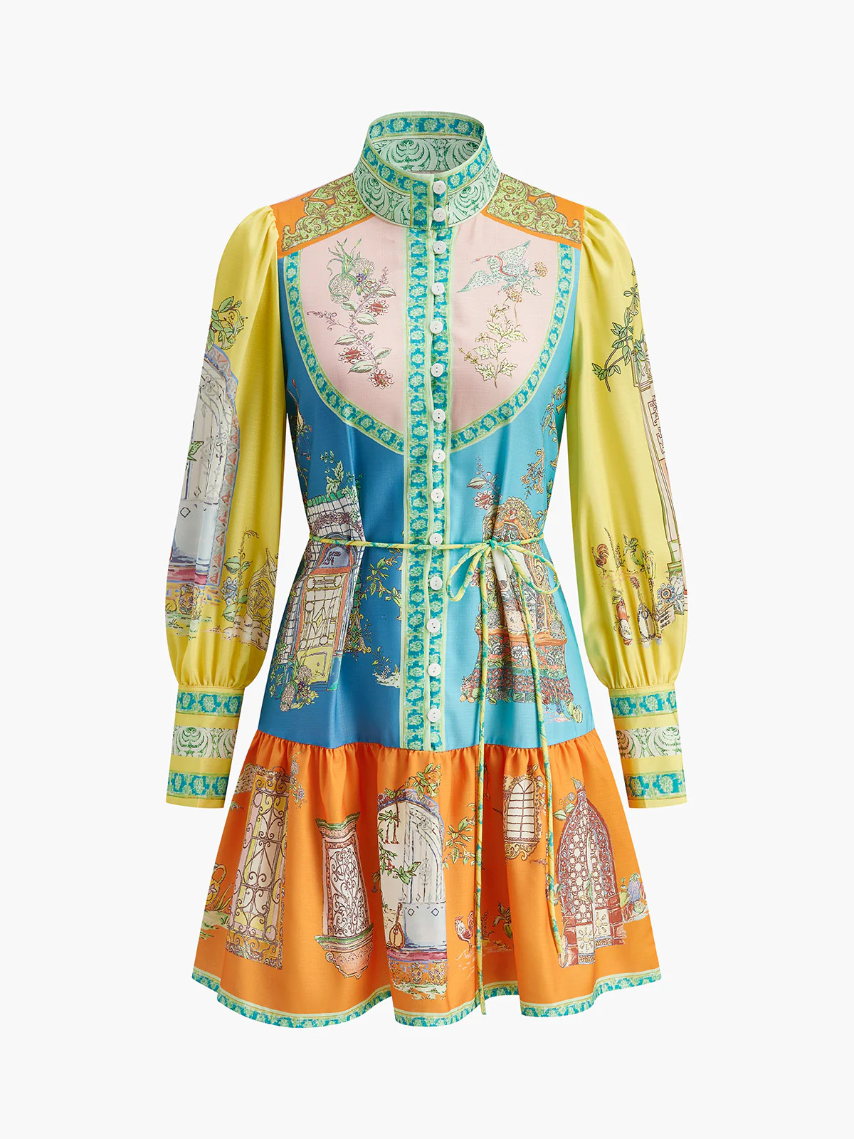 Print Mock-Neck Dress With Belt | Commense