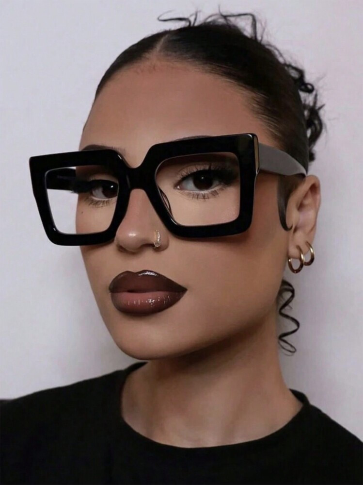 1 Pair Women's Black Square Plastic Frame Street Style Modern Retro Fashion Flat Top Glasses, Suitable For Dates, Library, Reading, Writing, Casual Outfits | SHEIN