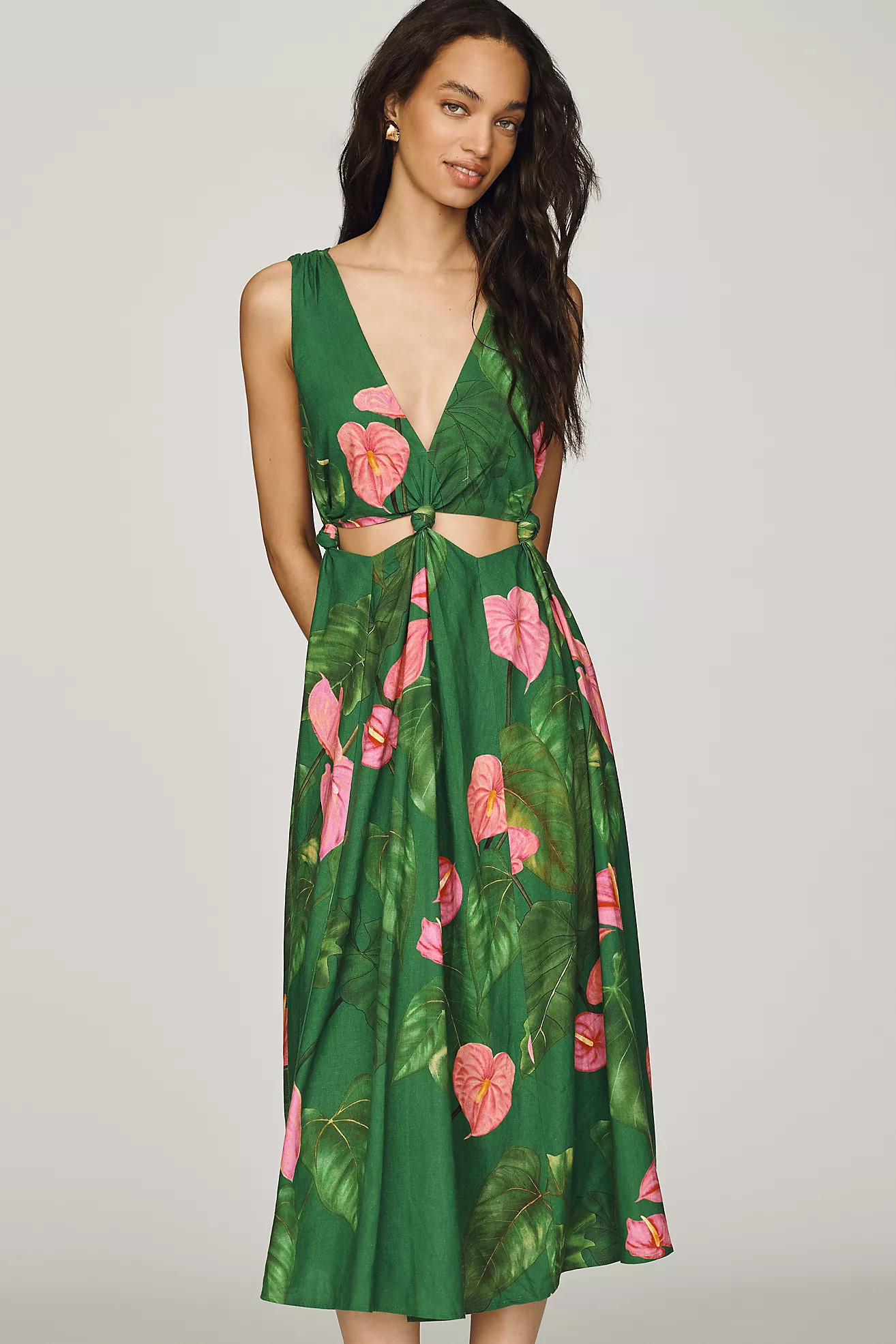 x Anthropologie Linen Blend V-Neck Cutout Midi Dress | Anthropologie (US)