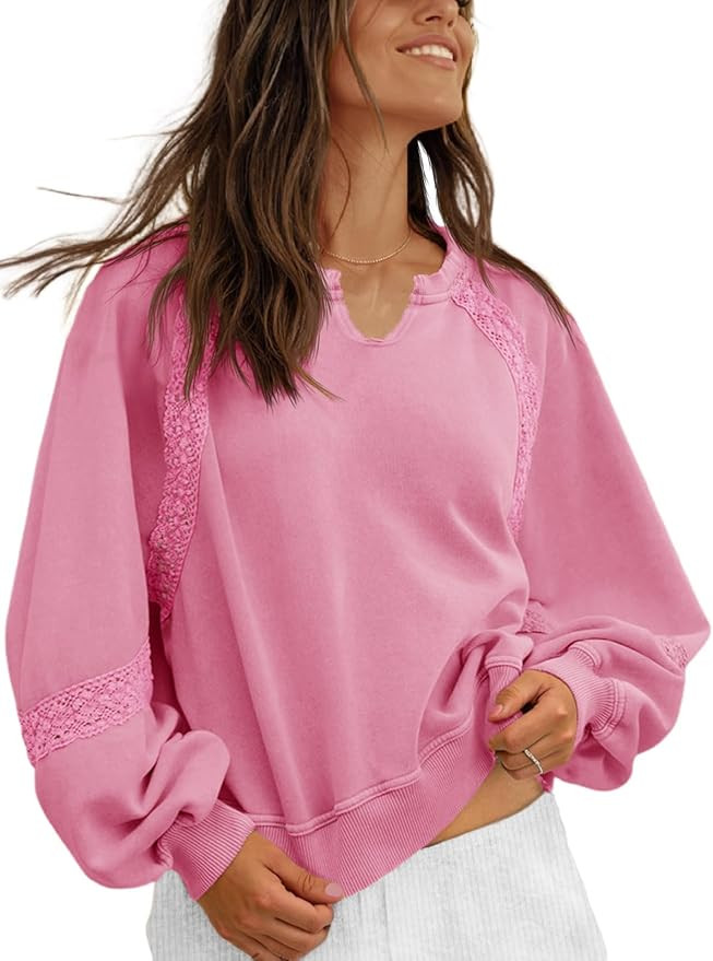 Fisoew Womens Oversized Sweatshirt Casual V Neck Lace Lantern Long Sleeve Cropped Loose Fit Fall ... | Amazon (US)
