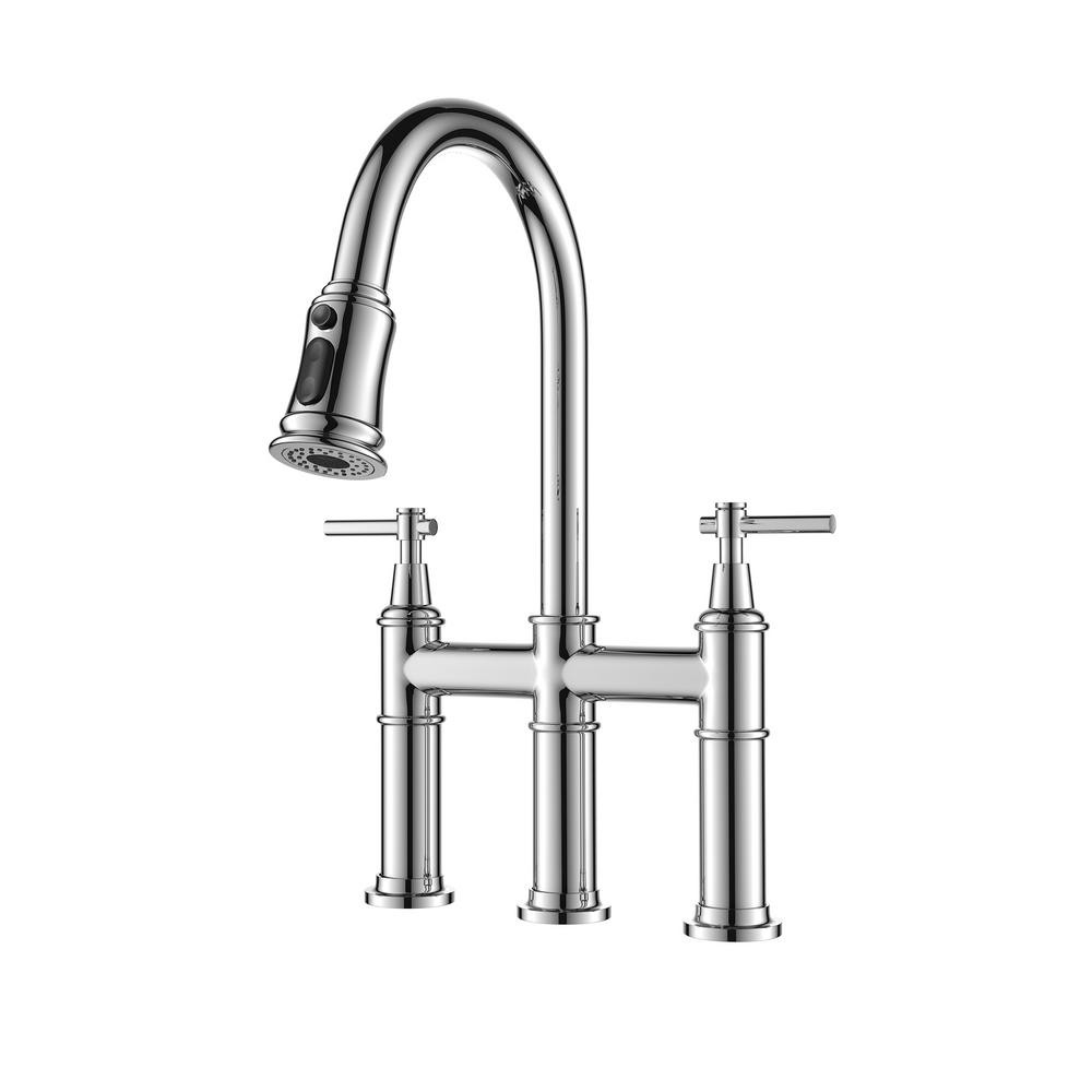 WELLFOR Double Handles Gooseneck Pull Down Sprayer Kitchen Faucet in Polished Chrome Widespread Brid | The Home Depot