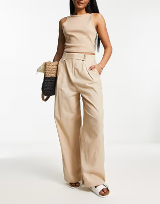 Vila linen touch button tab wide leg trousers in beige | ASOS | ASOS (Global)