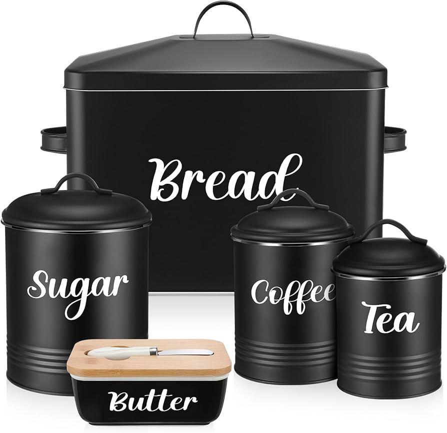 Extra Large Metal Bread Box and Ceramic Butter Dish with 3 Airtight Kitchen Canisters Large Multi... | Amazon (US)