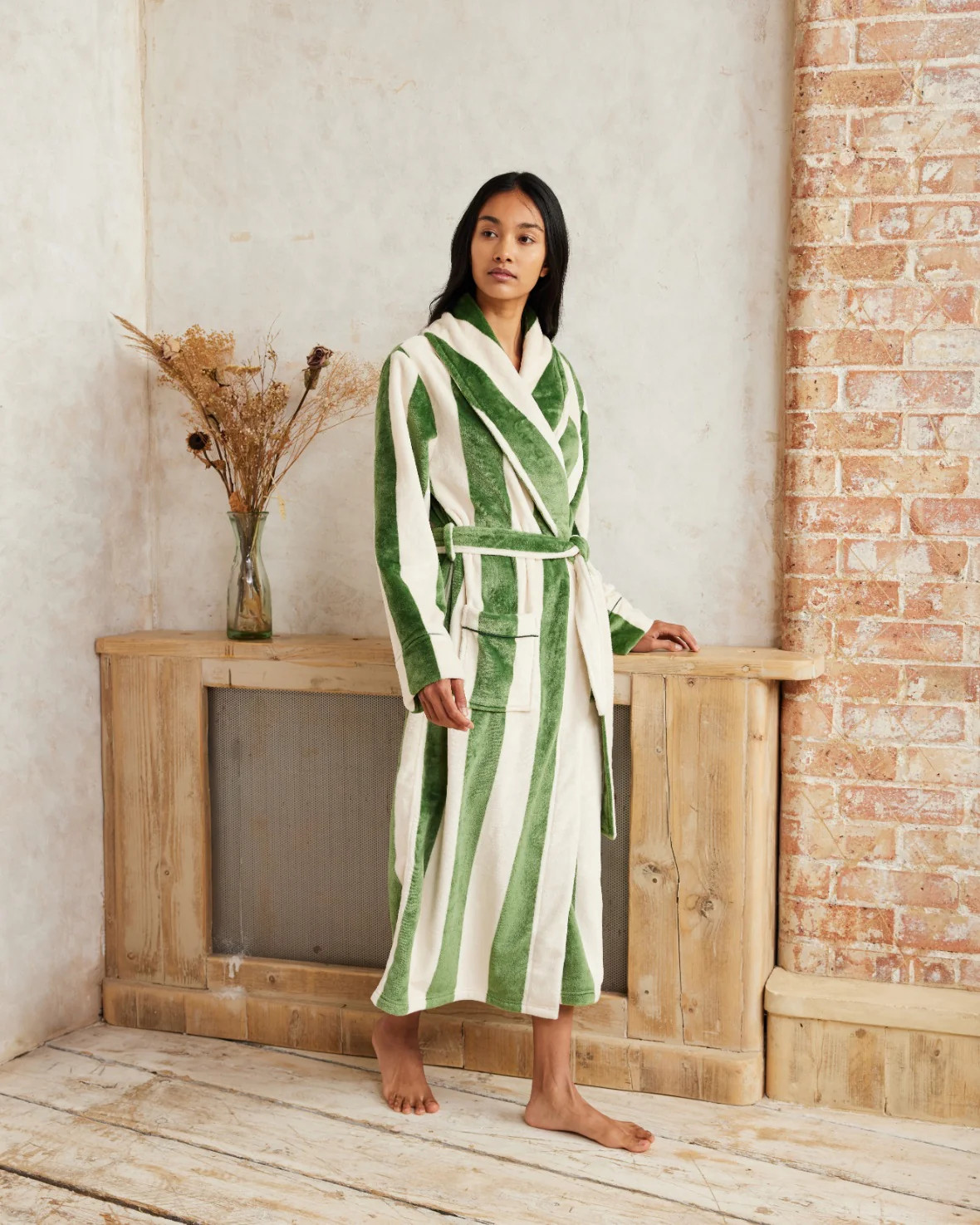 Fleece Stripe Long Dressing Gown - Green | Chelsea Peers NYC