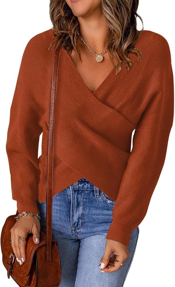 KIRUNDO Women's Long Sleeve Cross Wrap V Neck Knit Sweater Off Shoulder Backless Casual Solid Pul... | Amazon (US)
