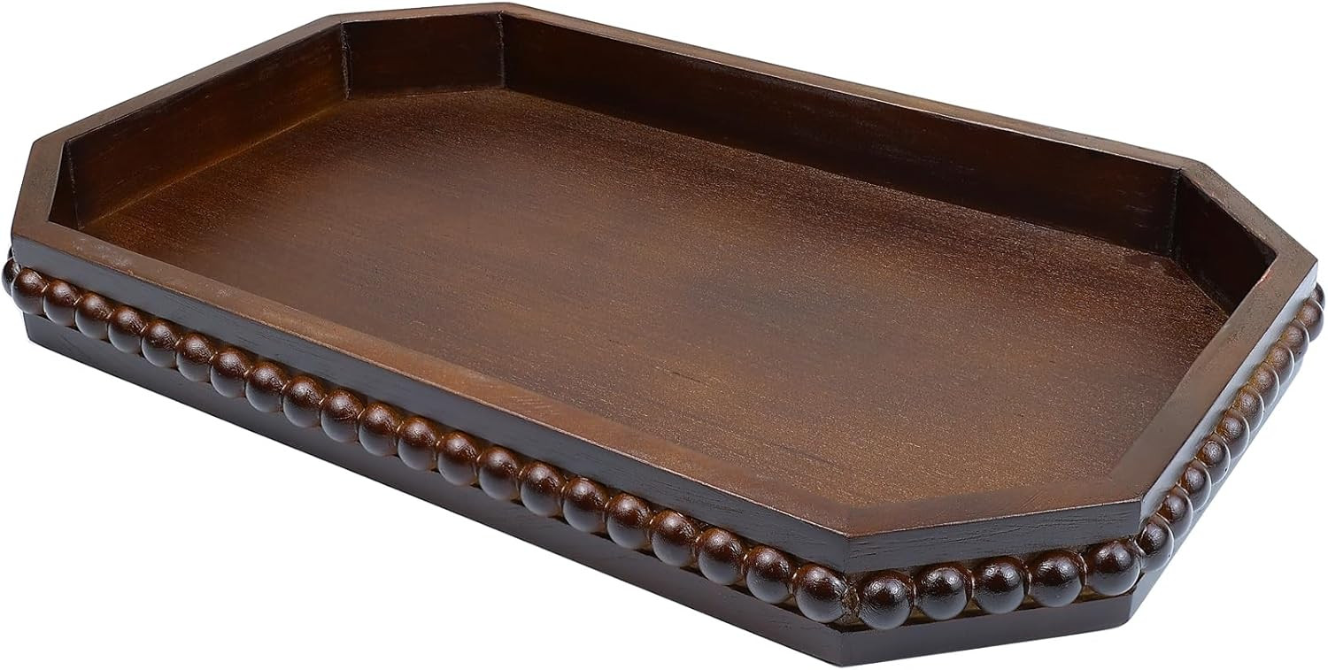 Hrastany Retro Brown Wood Serving Tray with Beads, Farmhouse Decorative Tray for Table Centerpiece, Christmas Wedding Halloween Home Decor | Amazon (US)