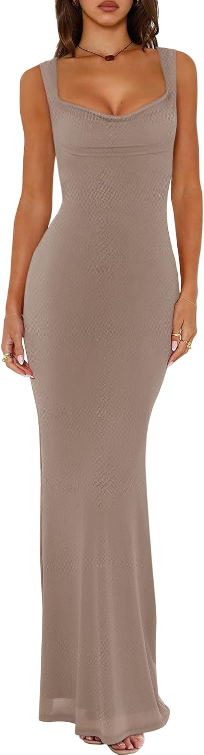 REORIA Women's Summer Cowl Neck Mesh Sleeveless Tank Dress Sexy Double Lined Bodycon Maxi Long Dresses | Amazon (US)