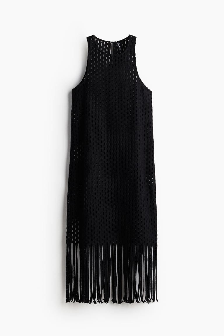 Crochet-look fringe-trimmed knitted dress - Black - Ladies | H&M GB | H&M (UK, MY, IN, SG, PH, TW, HK)