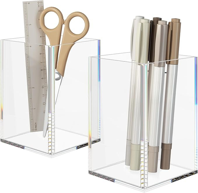 NIUBEE Acrylic Pen Holder 2 Pack,Clear Desktop Pencil Cup Stationery Organizer for Office Desk Ac... | Amazon (US)