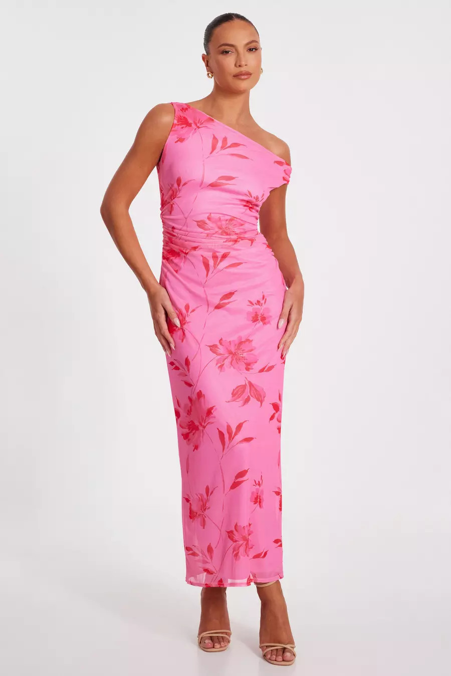 Pink Mesh Floral Print Midaxi Dress | Quiz Clothing