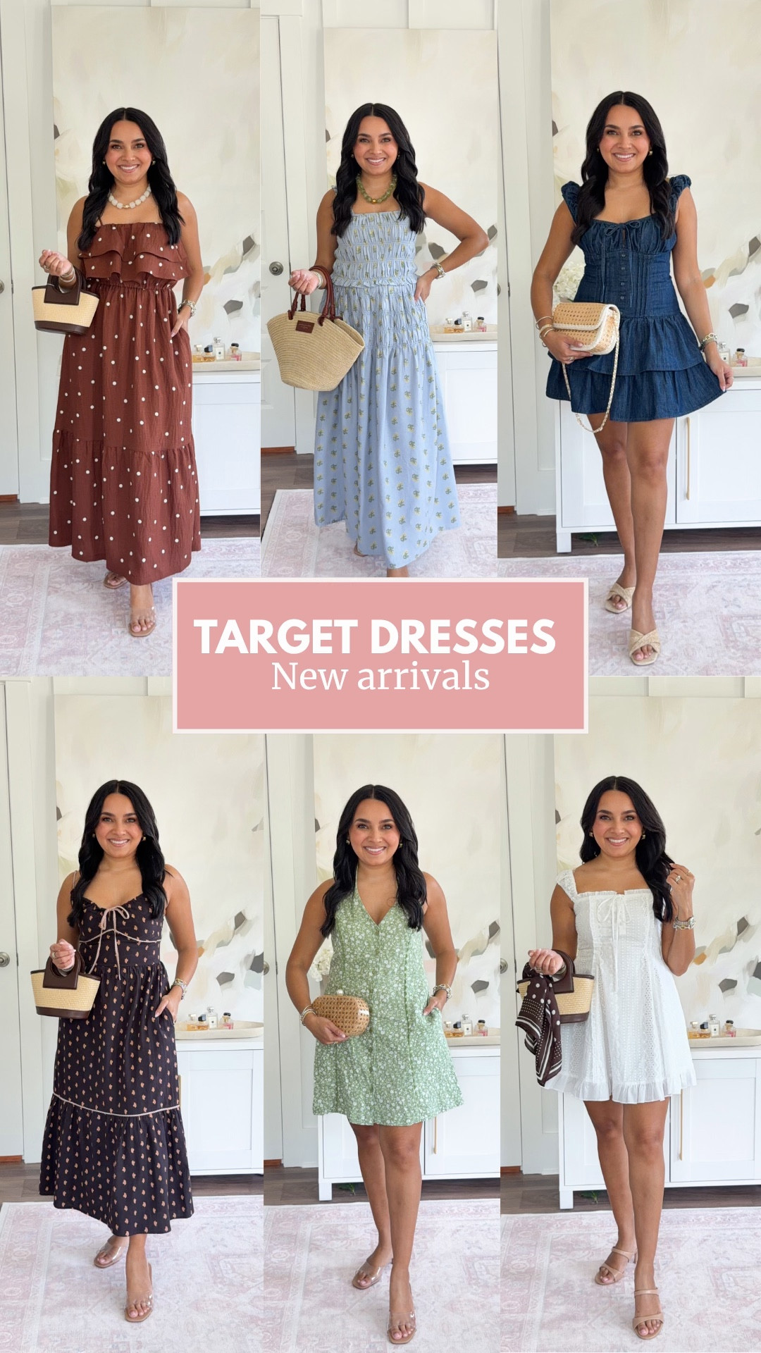Target Dresses!
For reference: I’m 5’0, petite, 32b bra size, and 2/26 in bottoms, pear shaped. 
*Everything I share is unaltered! TTS means true to size. Between size 5-6.5 in shoes

Brown polka dot dress size xs TTS
Clear heels size 5 TTS

Blue floral dress size xs TTS
Clear heels size 5 TTS

Denim dress size xxs TTS
Tan wedges size 5 TTS

Brown printed dress size xs TTS
Clear heels size 5 TTS

Green halter dress size xs TTS
Clear heels size 5 TTS

White dress size xxs TTS
Tan heels size 5 TTS

Spring outfits 2026
Country concert outfits
Spring dresses
Date night outfits
Vacation outfits beach
Resort wear 2026
Mothers day
Graduation gues 


#LTKgrwm #LTKPetite #LTKootd