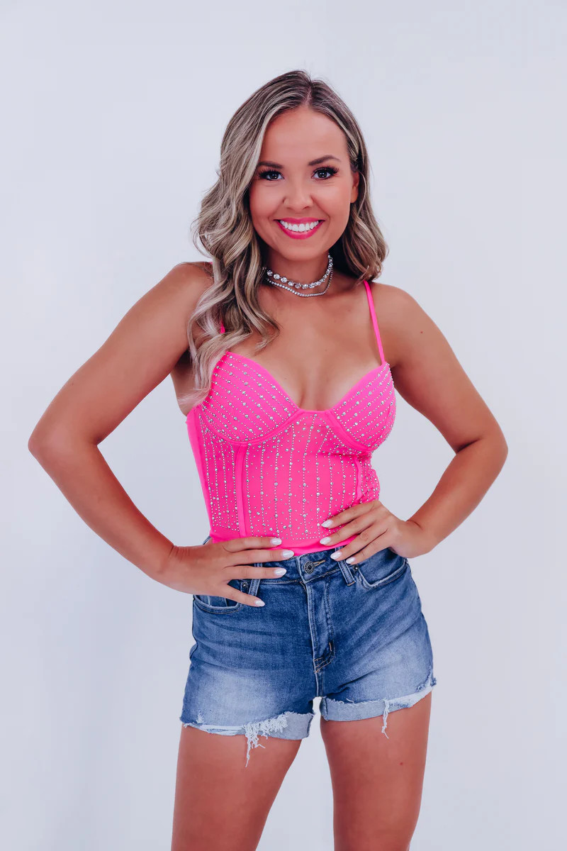 Minooka Mesh Rhinestone Crop Top - Pink | Whiskey Darling Boutique