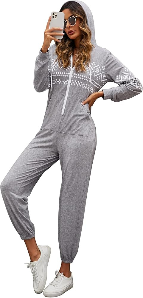 Jumpsuits for Women Long Sleeve Romper with Hood Zip Up Jumper Casual Soft Pajamas One Piece Sleepwe | Amazon (US)