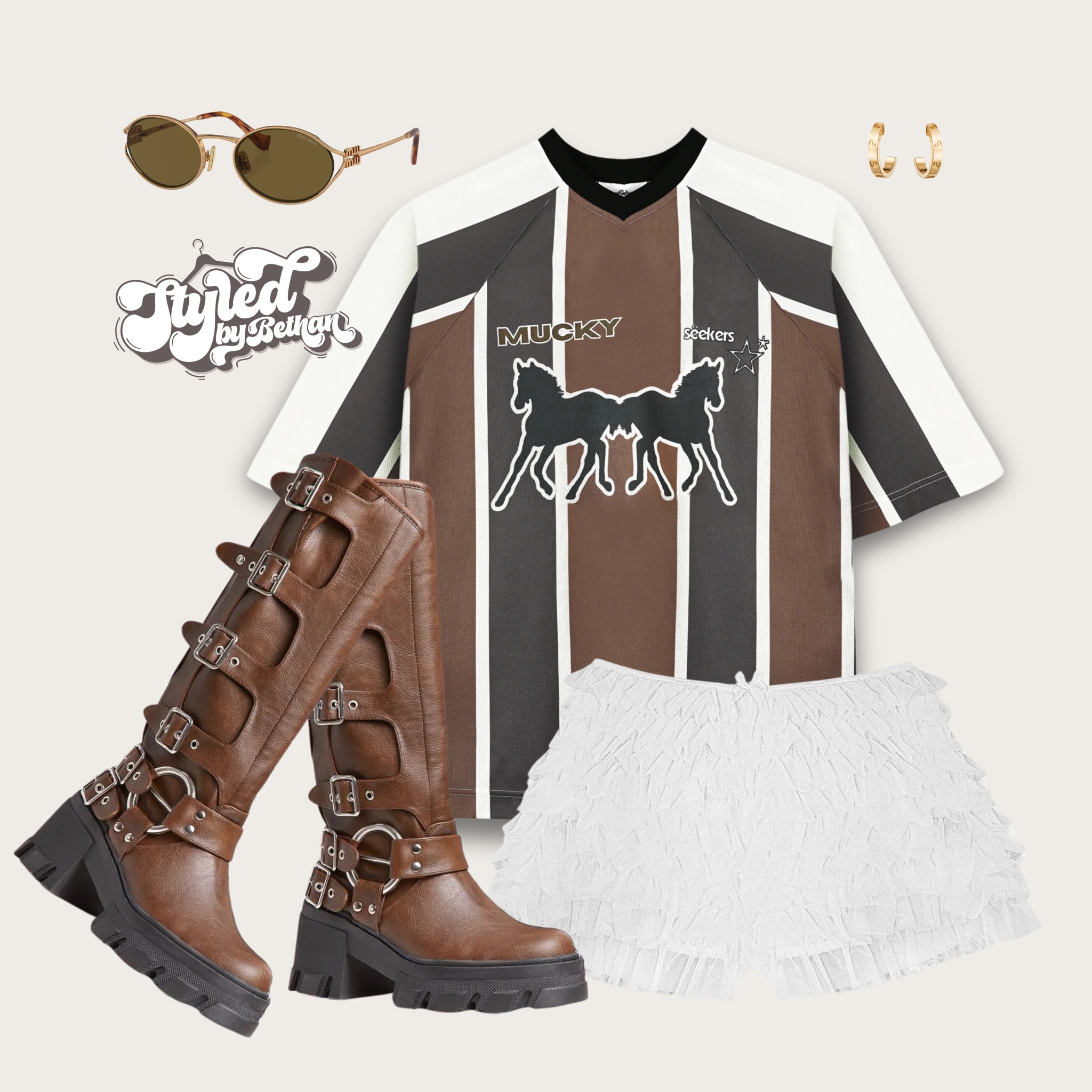 🤎🤎🤎 tags: sisters and seekers football shirt, sisters and seekers bloomer shorts, ego brown boots, miu miu sunglasses, Cartier earrings. Festival trending outfit inspiration inspo for lost village, Leeds and redding festival.

#LTKeurope #LTKuk #LTKstyletip