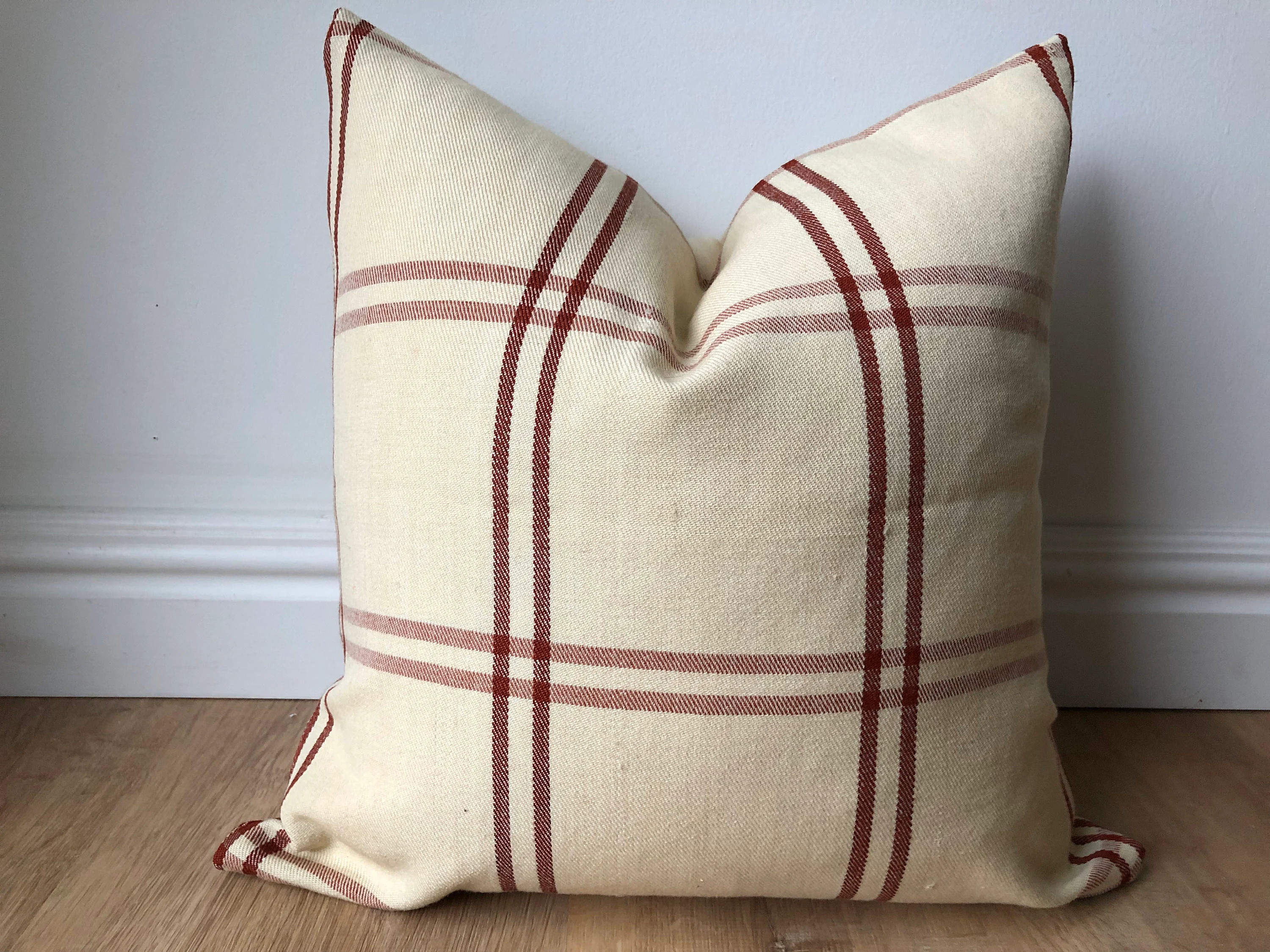 Designer F Schumacher wool cotton check red off white neutral geometric plaid lumbar euro pillow cover toss modern luxe boho chic | Etsy (Global)