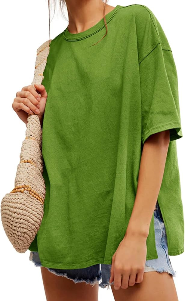 Tankaneo Womens Oversized Tshirts Summer Casual Short Sleeve Crew Neck T Shirt Loose Fit Side Sli... | Amazon (US)